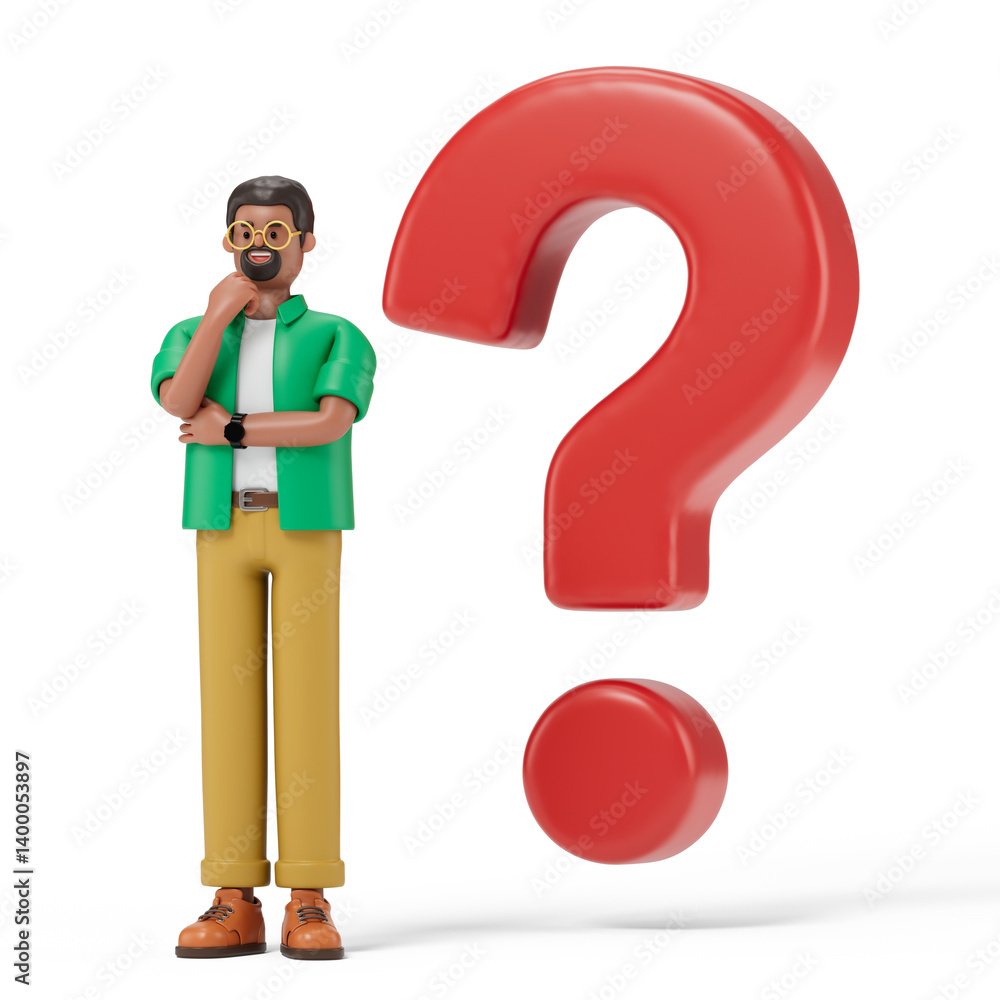 A man contemplates next to a large question mark, symbolizing confusion or contemplation. 3D rendering, conceptual image. Isolated on white background. A man contemplates next to a large question mark, symbolizing confusion or contemplation. 3D rendering, conceptual image. Isolated on white background.