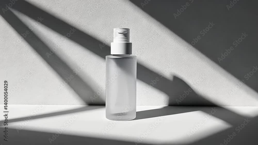 Minimalistic spray bottle on a sleek surface with dramatic shadows creating depth Minimalistic spray bottle on a sleek surface with dramatic shadows creating depth