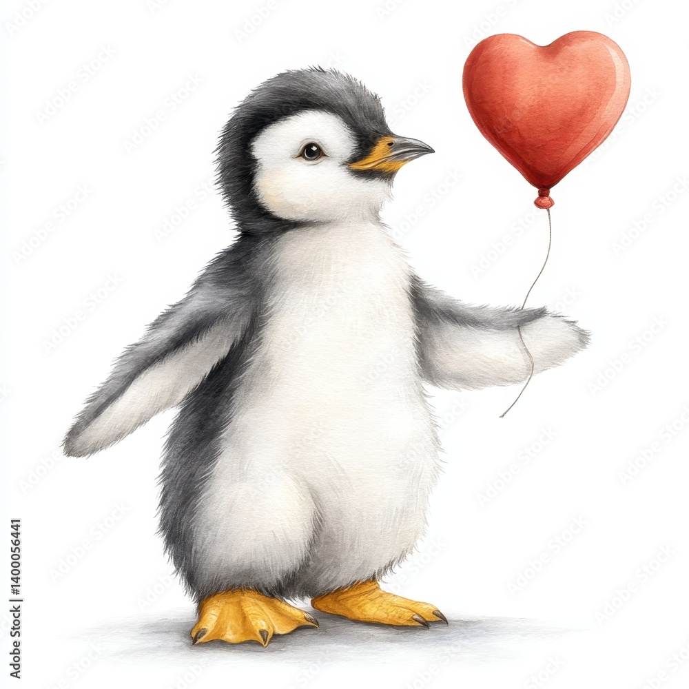 Obraz premium Cute Penguin Holding Heart Balloon on White Background