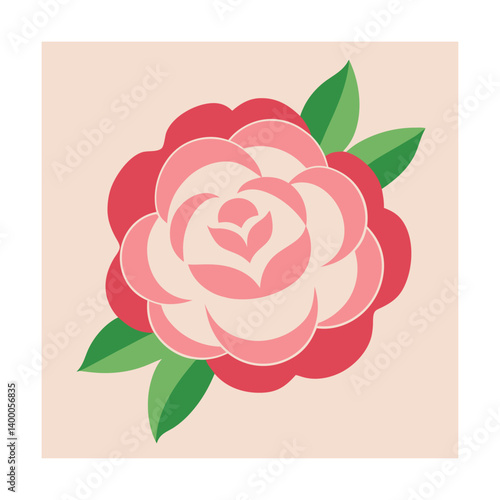 Vintage vector illustration of a pink rose flower with floral leaf pattern design