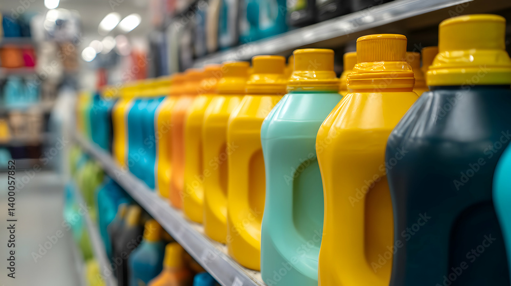 Brightly Colored Laundry Detergent Bottles Displayed on a Store Shelf, consumer purchase Brightly Colored Laundry Detergent Bottles Displayed on a Store Shelf, consumer purchase