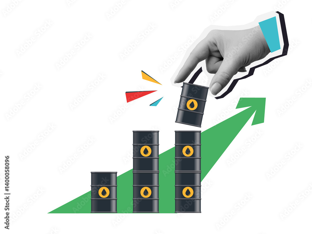 Hand places a barrel of oil in a growing row - concept of rising oil prices. Modern photo collage style. Illustration on transparent background Hand places a barrel of oil in a growing row - concept of rising oil prices. Modern photo collage style. Illustration on transparent background