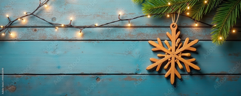 Fototapeta premium Wooden snowflake hanging against weathered planks, string lights, decoration, fairy lights