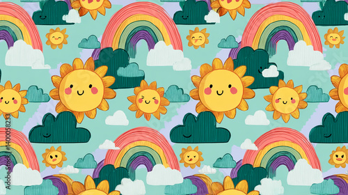 Cheerful seamless pattern with smiling suns, rainbows, and clouds on a light-blue background, representing joy, happiness, and optimism, ideal for children's products or joyful designs