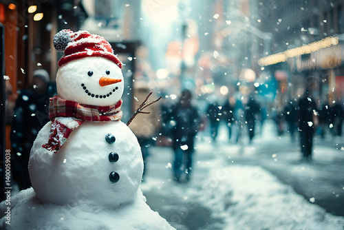 Snowman in a bustling city street during winter with people walking nearby