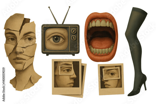 Surreal Collage with Broken Face, TV, Eye, Mouth, Polaroids, and High Heel – Conceptual Art of Identity and Media

