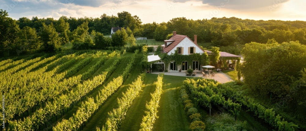 A picturesque vineyard landscape featuring a charming house surrounded by lush grapevines under a serene sky.