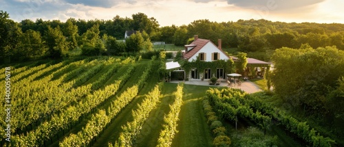 Obraz na płótnie A picturesque vineyard landscape featuring a charming house surrounded by lush grapevines under a serene sky. w salonie