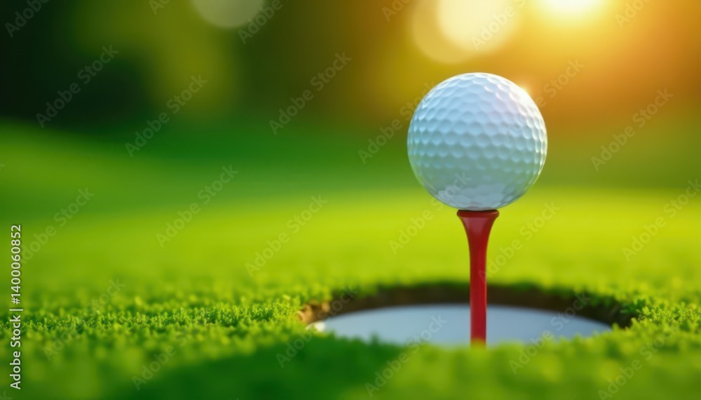 Golf ball precariously perched on putting cup's edge , field, out Golf ball precariously perched on putting cup's edge , field, out