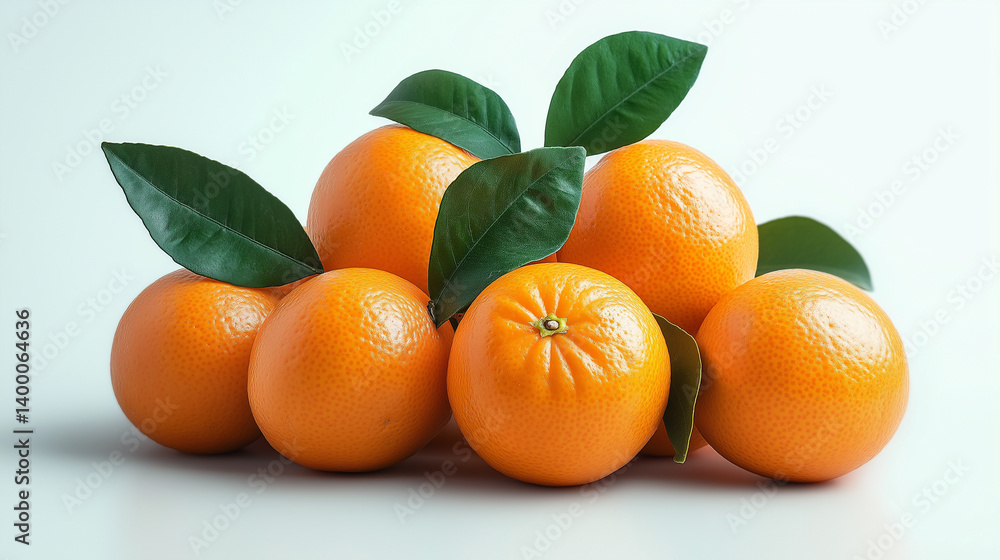 Fresh oranges with green leaves stacked together on a clean white surface. AI Generated Images Fresh oranges with green leaves stacked together on a clean white surface. AI Generated Images