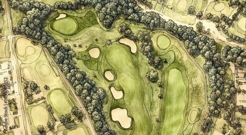 Aerial view illustration of a golf course with sand traps, trees, and neatly manicured green fairways.