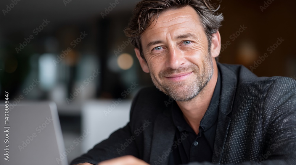Smiling man in a jacket looks at camera with a laptop in foreground Smiling man in a jacket looks at camera with a laptop in foreground