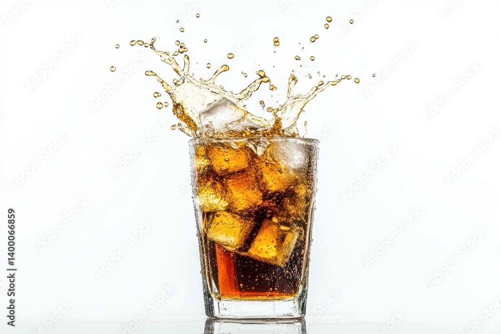 Soda with ice cubes splashing on white background Soda with ice cubes splashing on white background