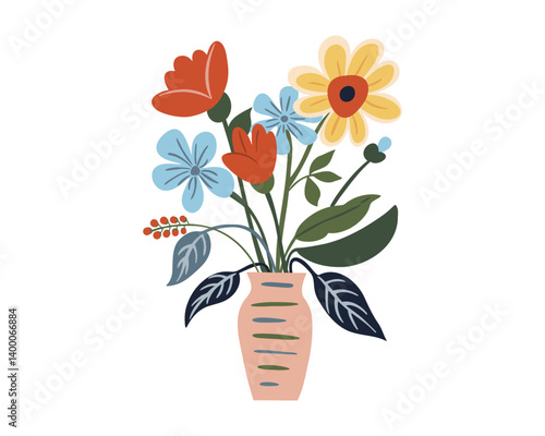 Vase with flowers. Garden flower, plants, botanical, vector design for fashion, fabric, wallpaper. Cute colorful flowers