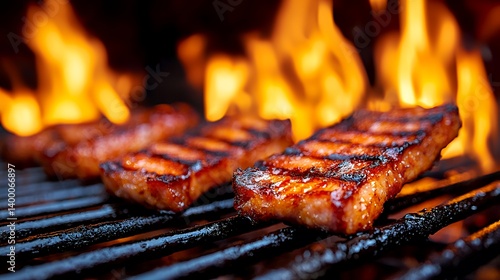 Grilled meat on barbecue grate