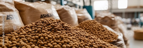 Large sacks of pet food and a pile of kibble. Animal food storage in a warehouse setting.