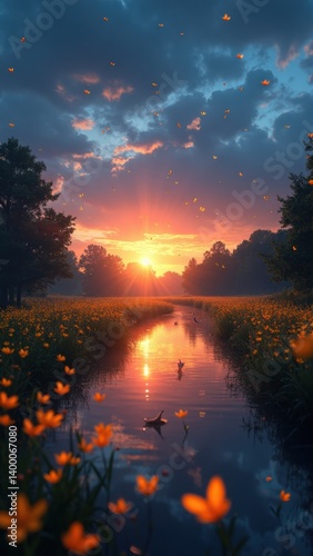 Beautiful sunset over a river with a lot of orange flowers. The sky is filled with clouds and the sun is setting