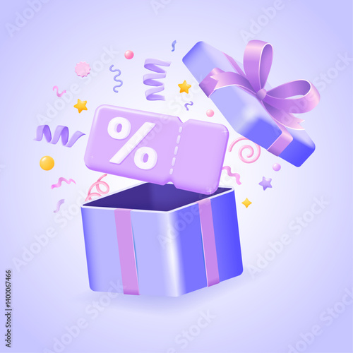 Surprise discount coupon flying out of gift box with confetti, cashback voucher for promo, loyalty program or holiday sale in festive pseudo 3d style. 3d vector illustration.
