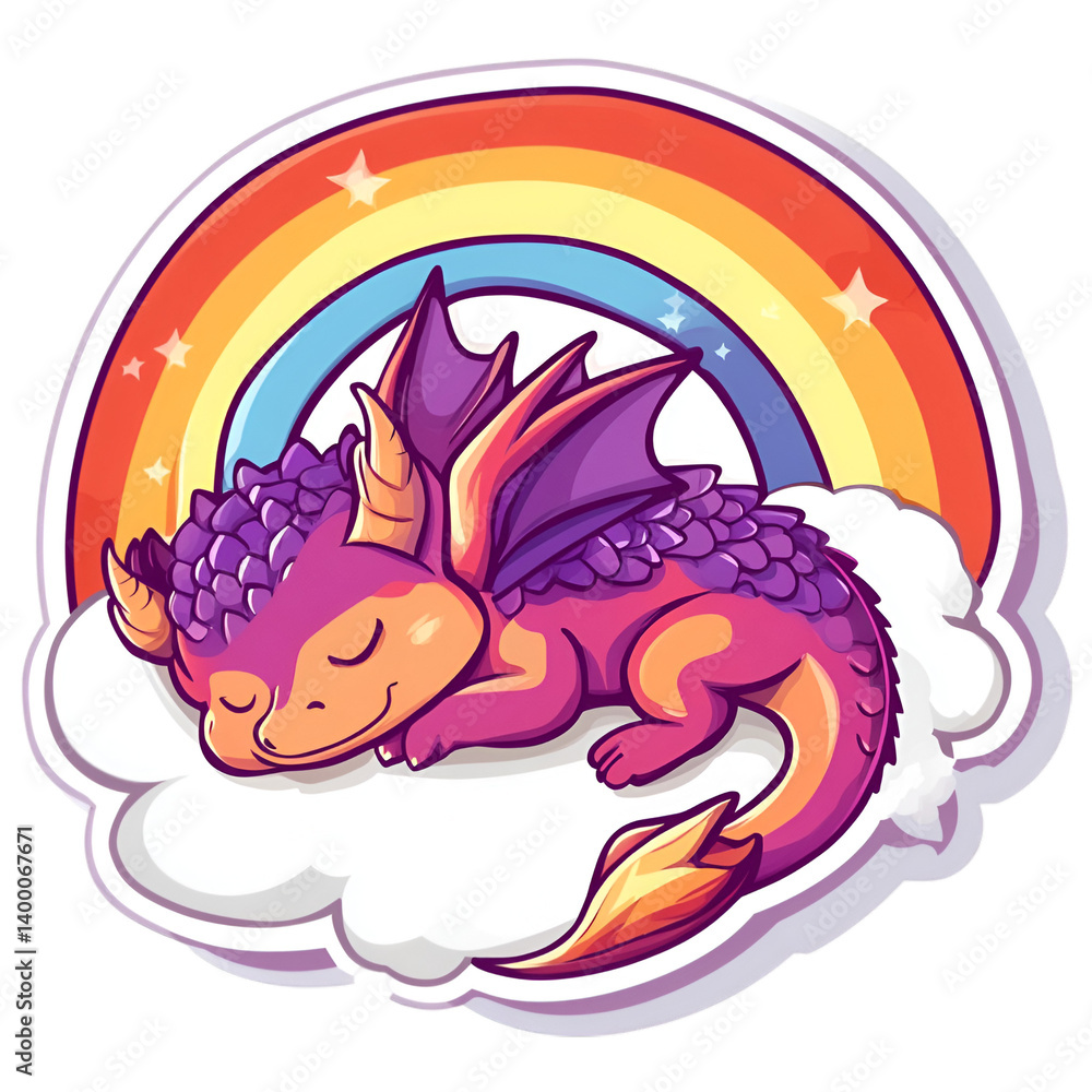 Obraz premium Sleeping purple dragon under rainbow fantasy illustration whimsical digital art dreamy cute creature