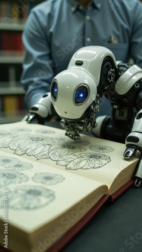Robot is looking at a book with a flower design on it. The robot is white and blue
