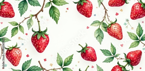 Watercolor strawberry branch seamless pattern Delicate, summery design , watercolor, bright