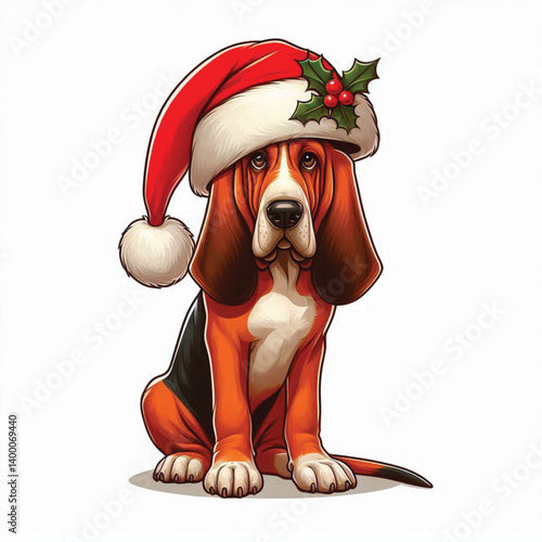 Cute Christmas Santa hat Cartoon Bloodhound Dog Vector Illustration isolated