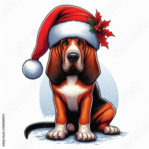 Cute Christmas Santa hat Cartoon Bloodhound Dog Vector Illustration isolated