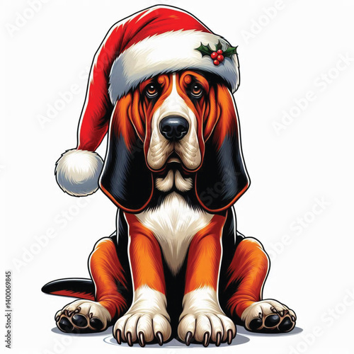 Cute Christmas Santa hat Cartoon Bloodhound Dog Vector Illustration isolated