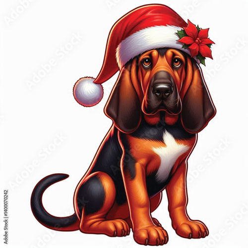 Cute Christmas Santa hat Cartoon Bloodhound Dog Vector Illustration isolated