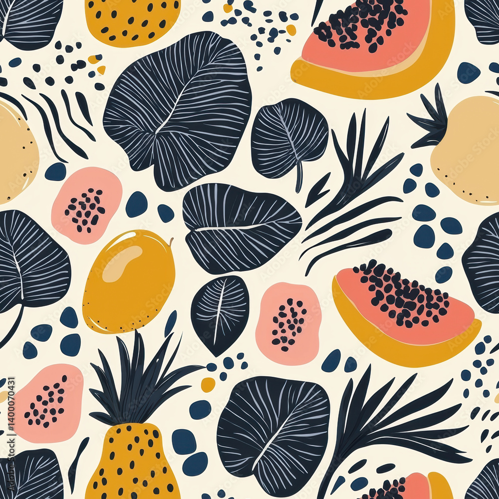 Summer of Exotic fruits seamless pattern with playful arrangement Summer of Exotic fruits seamless pattern with playful arrangement