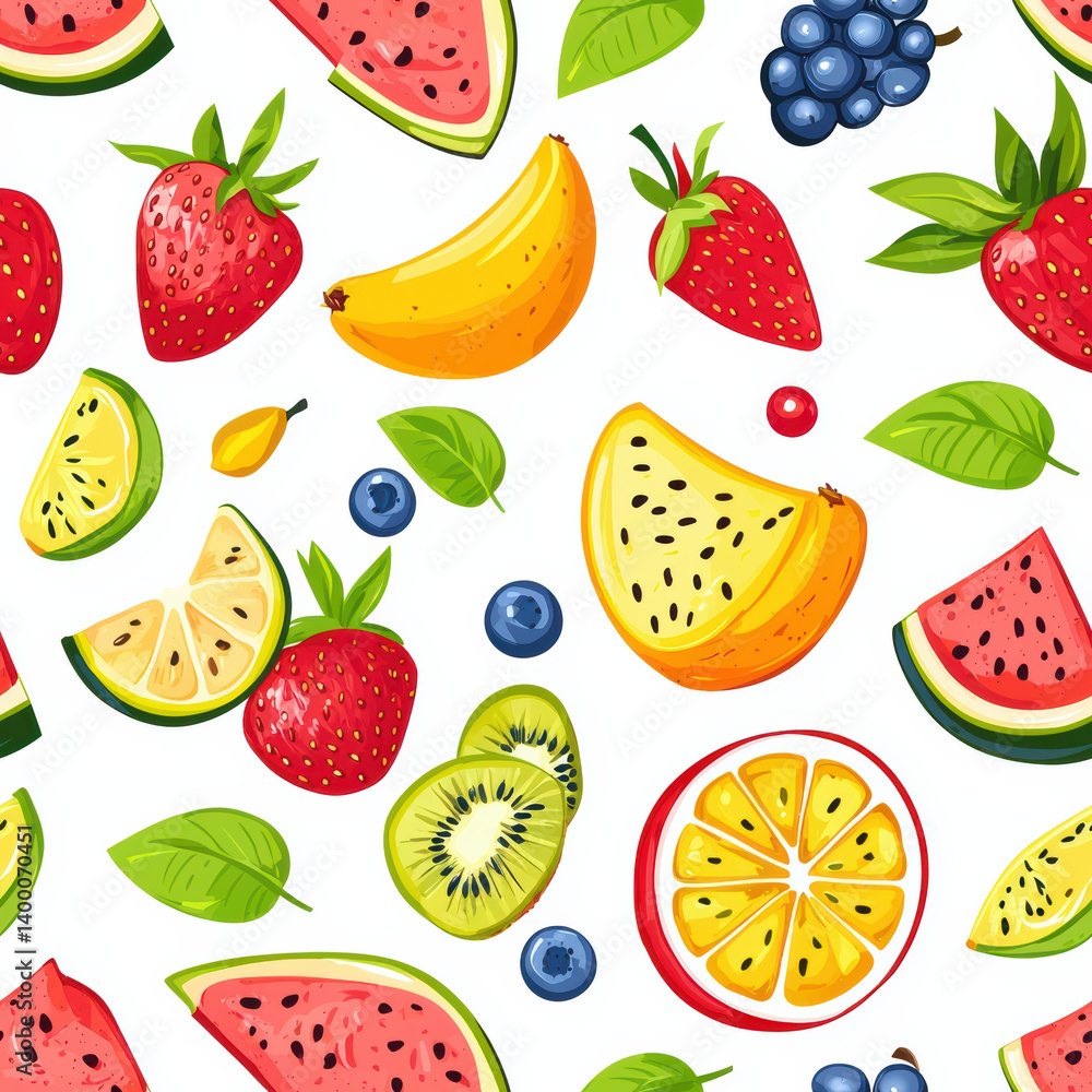 Summer of Colorful seamless pattern of exotic fruits and berries Summer of Colorful seamless pattern of exotic fruits and berries