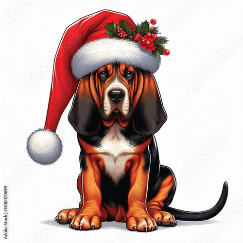 Cute Christmas Santa hat Cartoon Bloodhound Dog Vector Illustration isolated