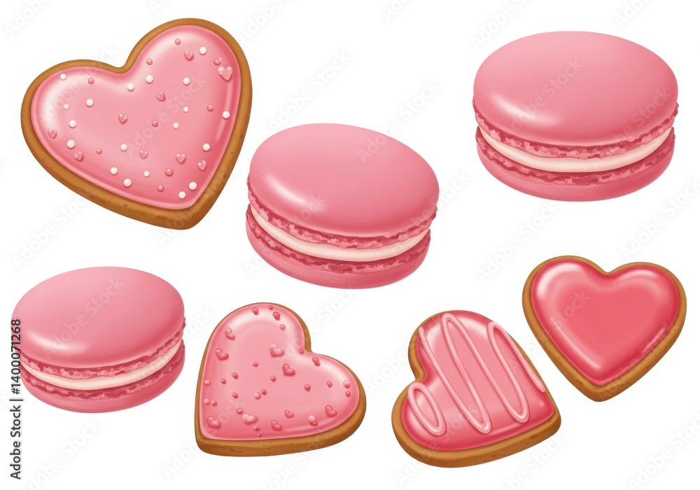 A delightful assortment of pink macarons and heart shaped cookies on a clean white background surface A delightful assortment of pink macarons and heart shaped cookies on a clean white background surface