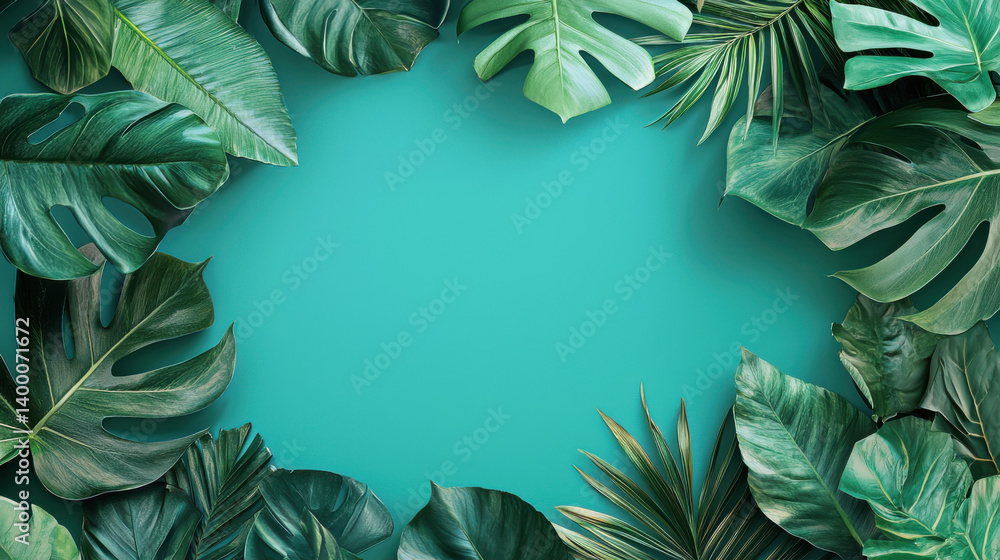 Lush tropical leaves create a vibrant green frame against a teal background providing ample copy space for text or design elements perfect for summer themed projects or nature Lush tropical leaves create a vibrant green frame against a teal background providing ample copy space for text or design elements perfect for summer themed projects or nature
