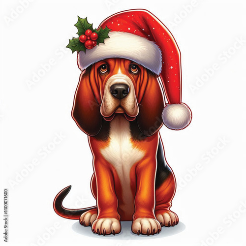 Cute Christmas Santa hat Cartoon Bloodhound Dog Vector Illustration isolated