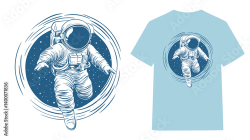 Spaceman in weightlessness for t shirt design. Astronaut floating in space, surrounded by stars and vortexes, for design template and printing on apparel for men and women.