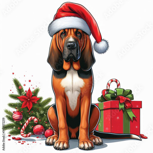 Cute Christmas Santa hat Cartoon Bloodhound Dog Vector Illustration isolated