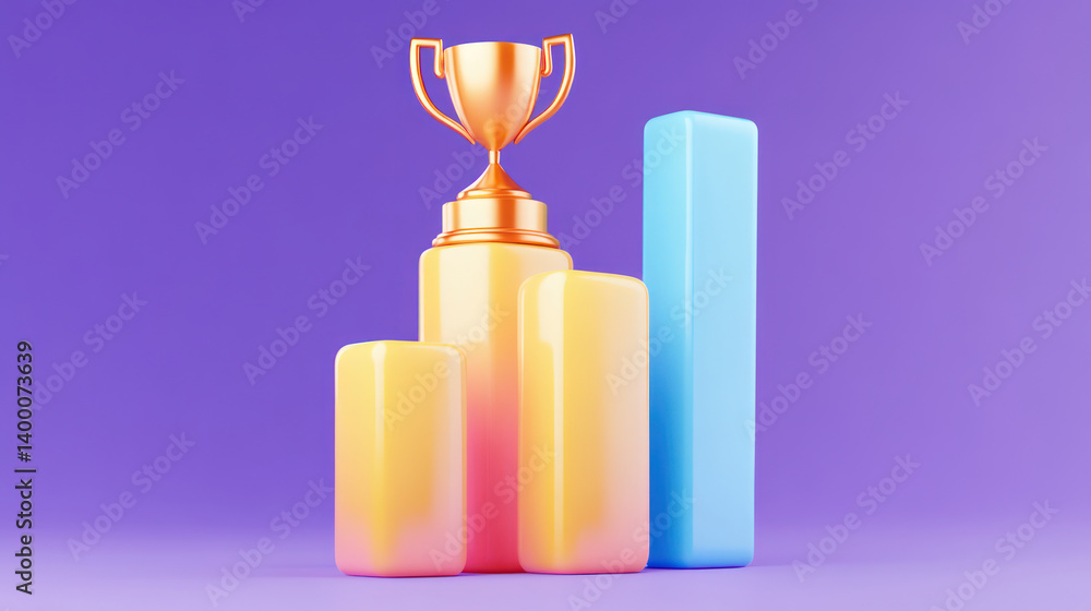 Obraz premium trophy sits atop colorful bar graphs, symbolizing achievement and success in business or competition. vibrant colors and sleek design create engaging visual representation of progress