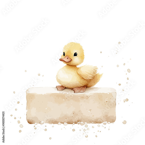 Cute Duckling's Perch: A charming watercolor illustration of a fluffy yellow duckling perched upon a neutral-toned platform, exuding innocence and gentle demeanor. 