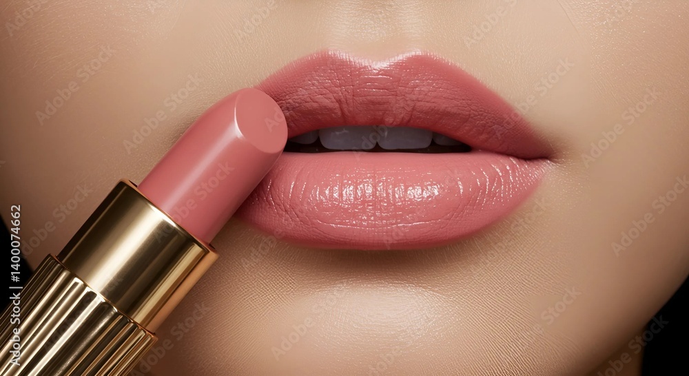 Obraz premium An extreme close-up of the lips of a Korean female model, showcasing a luxurious golden lipstick in a soft pink shade. The lips are slightly parted, highlighting the elegance and sophistication of the
