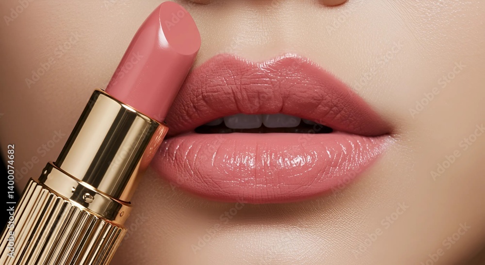 Obraz premium An extreme close-up of the lips of a Korean female model, showcasing a luxurious golden lipstick in a soft pink shade. The lips are slightly parted, highlighting the elegance and sophistication of the