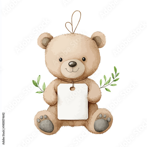 Teddy Bear with Blank Tag: A heartwarming illustration of a cuddly teddy bear holding a blank tag. Perfect for conveying messages of love, friendship, or personalization.