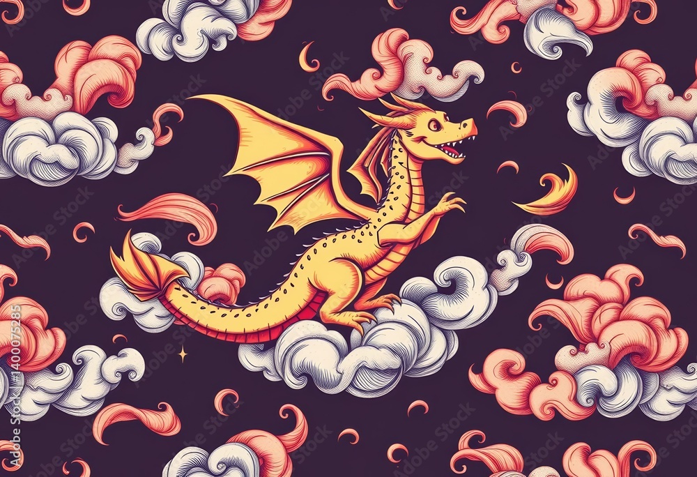 Hand-drawn seamless pattern featuring a whimsical dragon soaring amidst swirling clouds, dragon, graphic Hand-drawn seamless pattern featuring a whimsical dragon soaring amidst swirling clouds, dragon, graphic