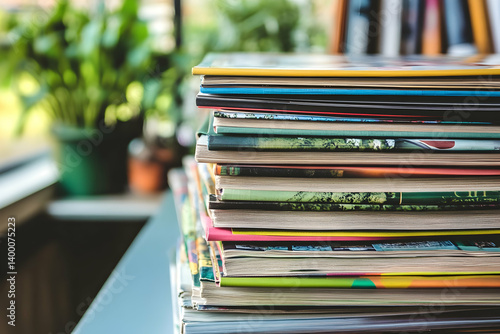 Stacked colorful magazines on a table in a bright modern setting with natural light
