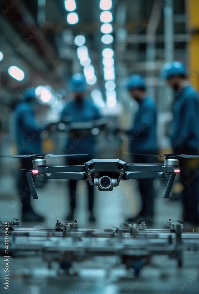 Fototapeta premium Precision Flight: Drone hovers amidst industrial backdrop, showcasing aerial technology in action.