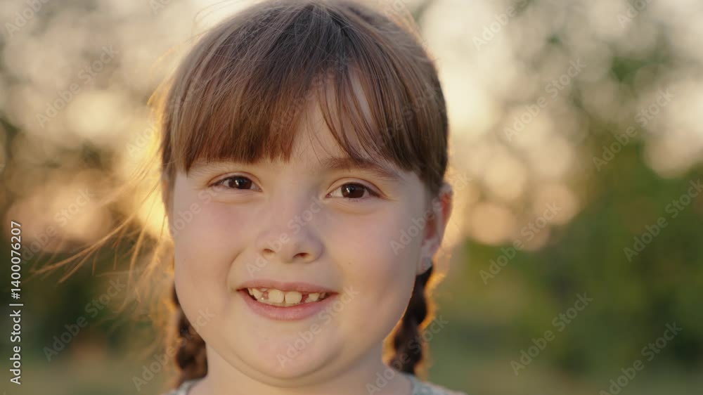 Happy little girl smiling in park, sunset. Cute face of child, girl in outdoors close-up. Cheerful kid Girl ore fantasizes dreams. Child smiles at camera. Happy child playing in summer park, baby face Happy little girl smiling in park, sunset. Cute face of child, girl in outdoors close-up. Cheerful kid Girl ore fantasizes dreams. Child smiles at camera. Happy child playing in summer park, baby face