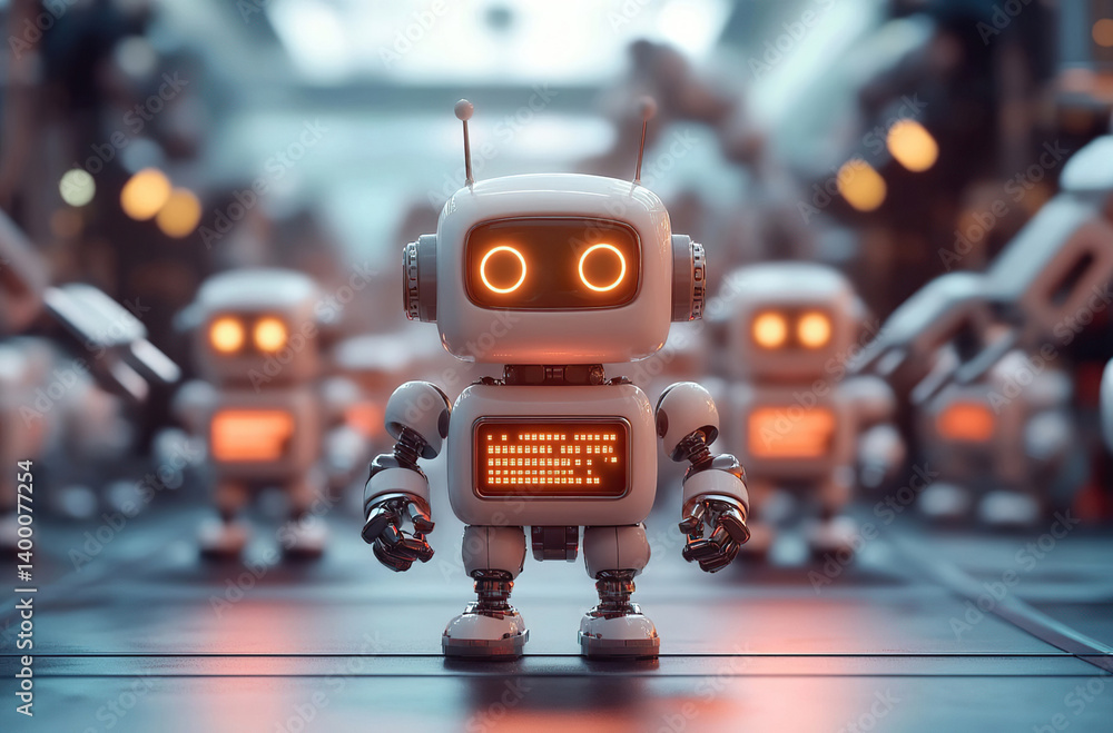 Fototapeta premium Robot assembly line: A cute toy robot stands out from its companions in this futuristic workshop scene.