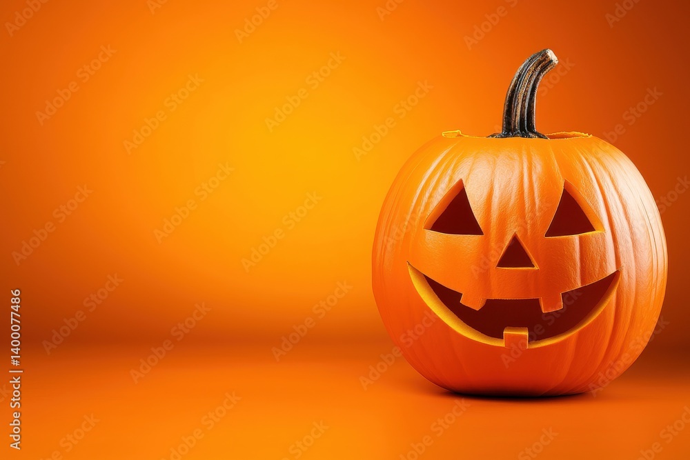 Isolated orange pumpkin with carved expression on high contrast vibrant orange background representing halloween holiday and symbolic seasonal object Isolated orange pumpkin with carved expression on high contrast vibrant orange background representing halloween holiday and symbolic seasonal object