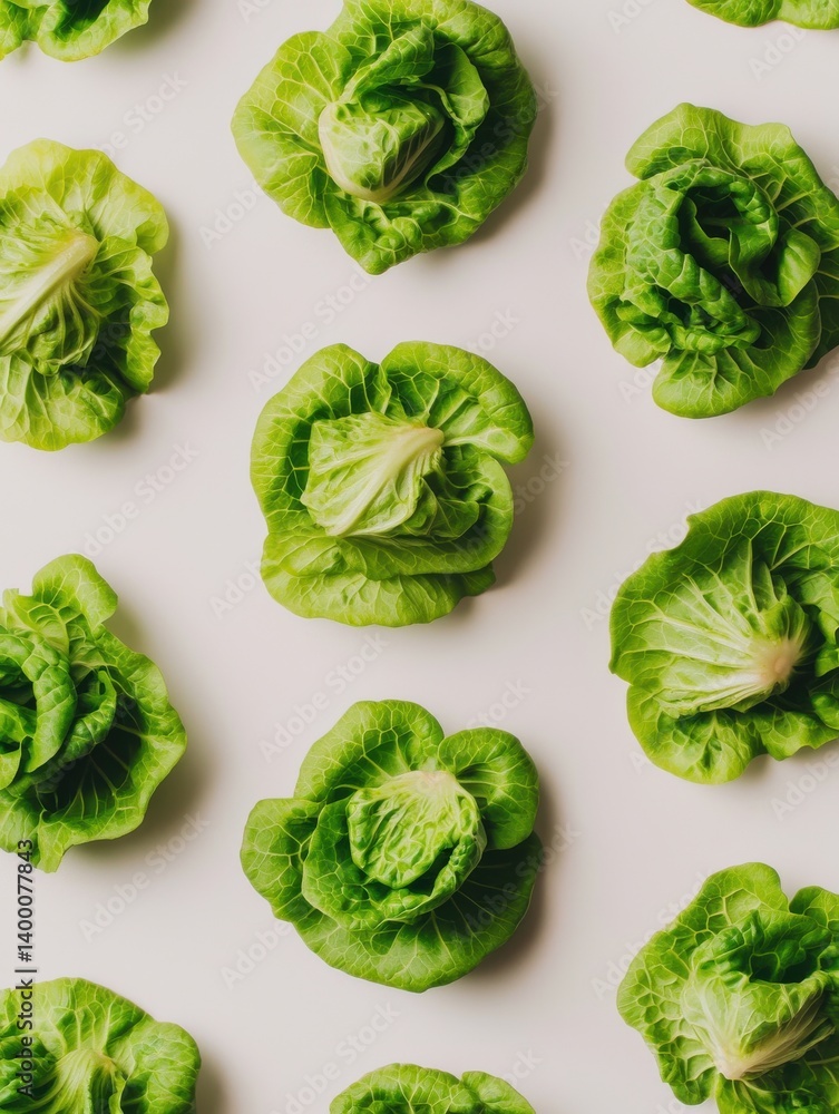 Obraz premium Fresh Green Lettuce Leaves Arranged Aesthetically on Light Background for Healthy Eating and Culinary Use
