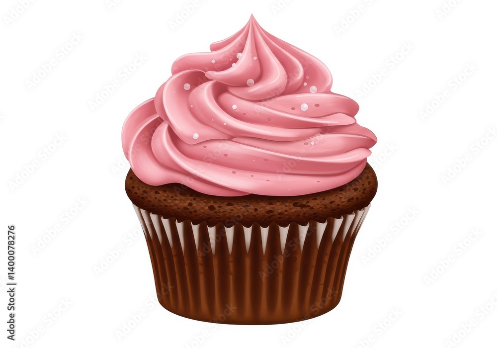 A cupcake with brown base and pink frosting swirls adorned with small white sprinkles on white background A cupcake with brown base and pink frosting swirls adorned with small white sprinkles on white background